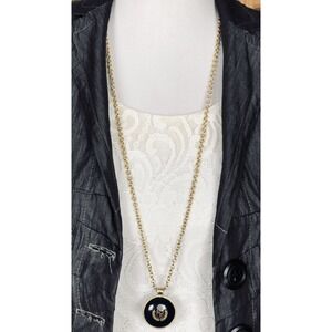LIZ CLAIBORNE Necklace 34" Blue Enamel Medallion Pendant 1 5/8" Gold Toned Chain